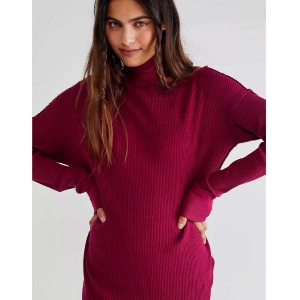 NEW Free People Just For You Cutout Shoulder Mock Neck Thermal Top Wine $98 S - Picture 2 of 11
